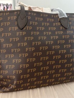 FTP Brown Monogram Canvas Tote Bag with Tan Logo Print